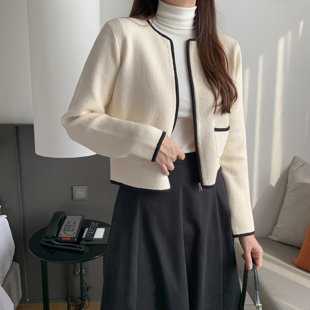 부드러운 테리 노카라 배색 세미 크롭 가디건 여성 가디건 숏 라운드 집업 가디건