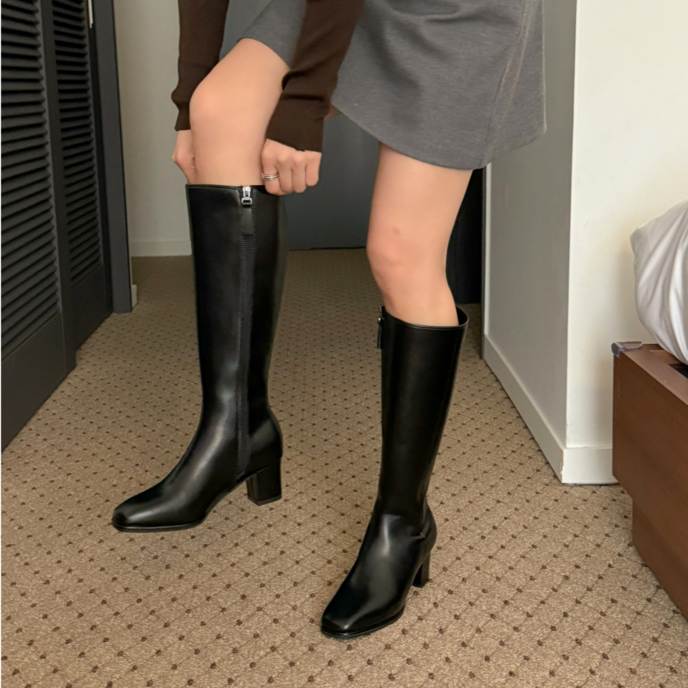 소울리 천연 소가죽 롱부츠 키높이 스퀘어 부츠 힐 6cm 굽 이미지 7