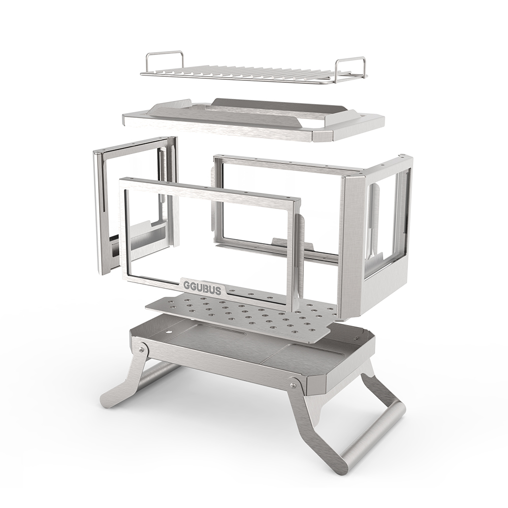 꾸버스 서라운드뷰 화로대 캠핑 불멍 접이식 스테인리스 4면 유리 야외 화로 바베큐그릴