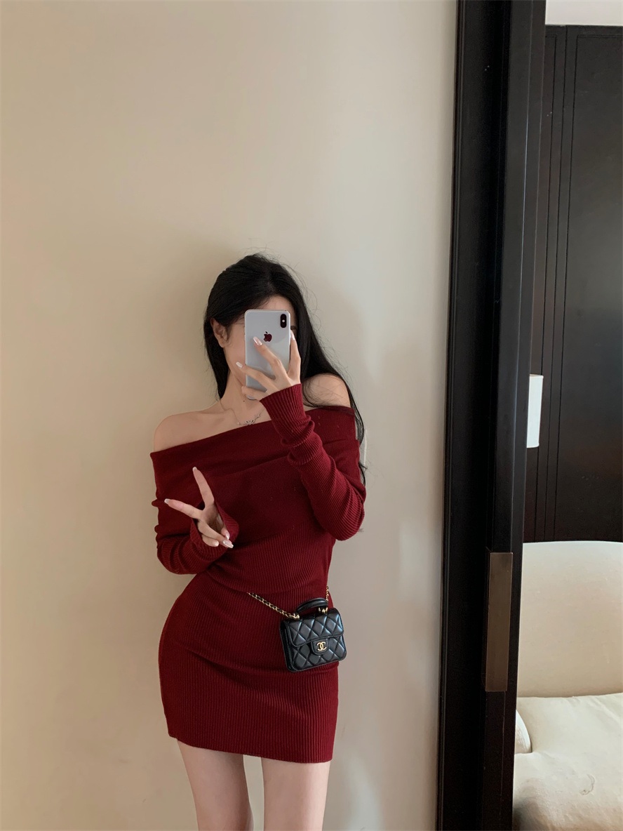 레드 원숄더 니트 원피스 슬림 딱붙는 여성 크리스마스 - 상세 이미지 3