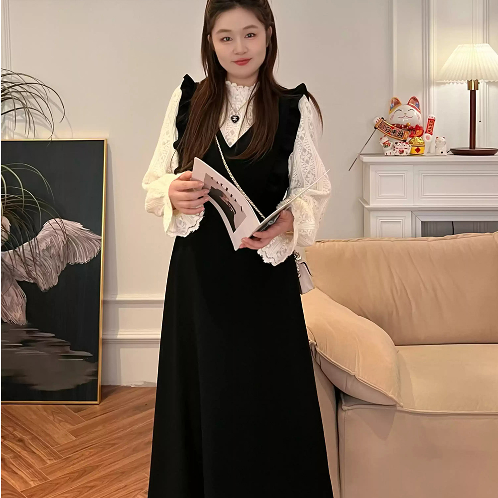 여성 트위드 하객룩 하이넥 레이어드 긴팔 원피스 - 상세 이미지 4