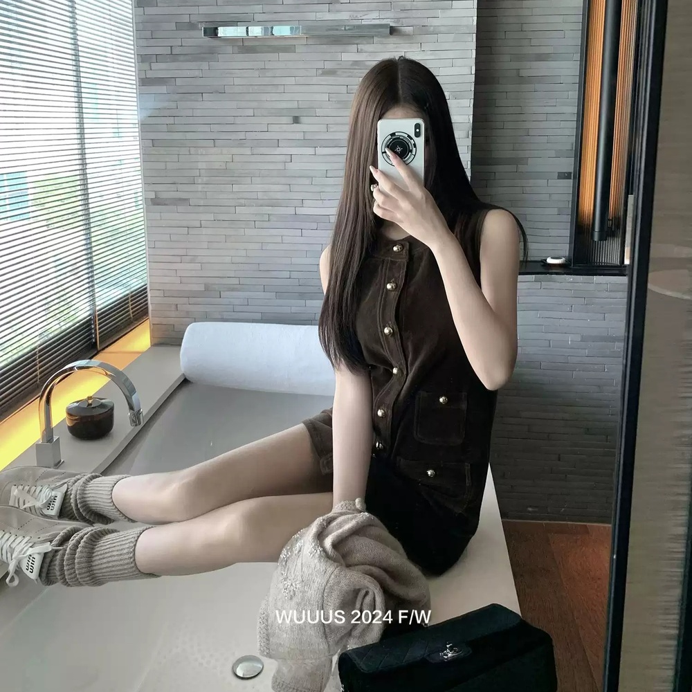이즈나 정세비 원피스 브라운 공항패션 레이어드 벨벳 의상 옷 패션 - 상품 이미지