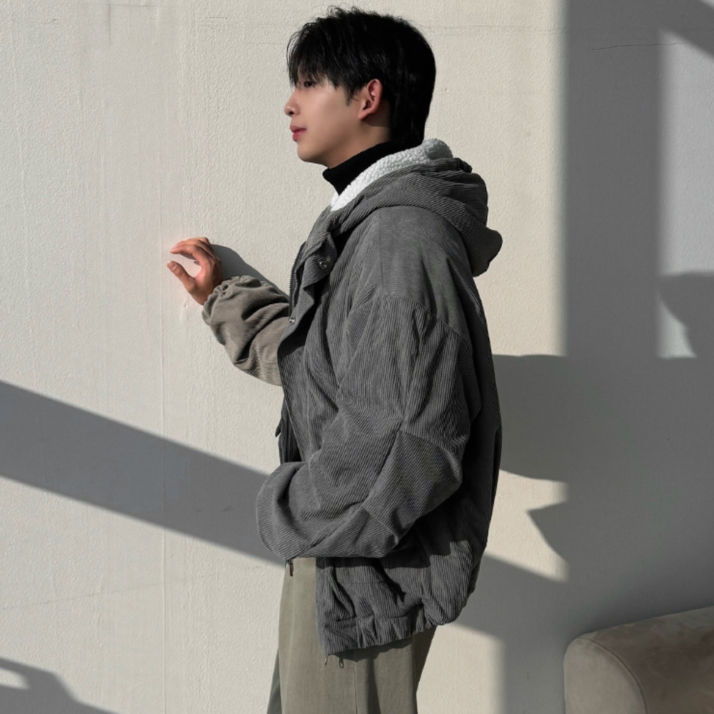남자 티카 오버핏 겨울 코듀로이 양털안감 후드 자켓 점퍼 - 상세 이미지 3