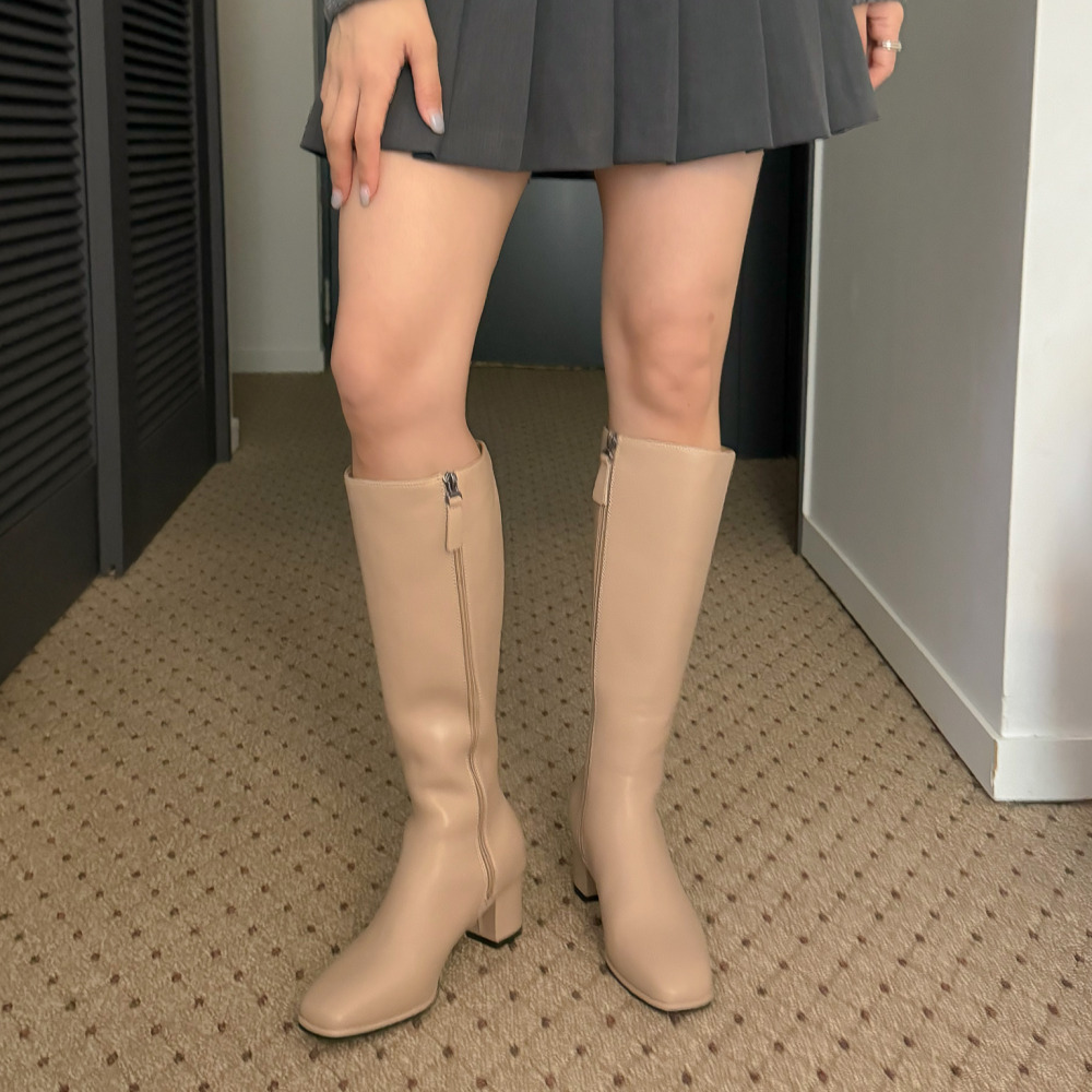 소울리 천연 소가죽 롱부츠 키높이 스퀘어 부츠 힐 6cm 굽 - 상세 이미지 3
