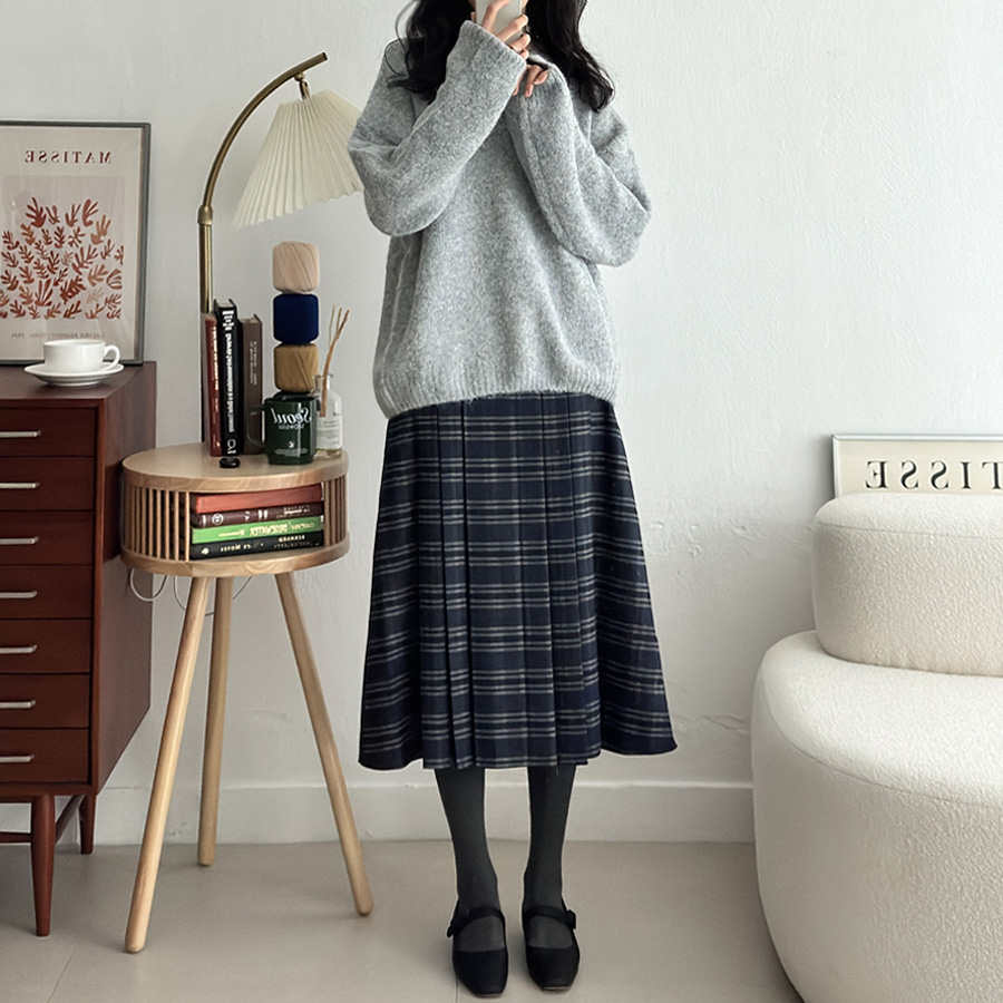 모직 체크 밴드 플리츠 롱스커트 (NAVY, 3 SIZE) - 상세 이미지 5