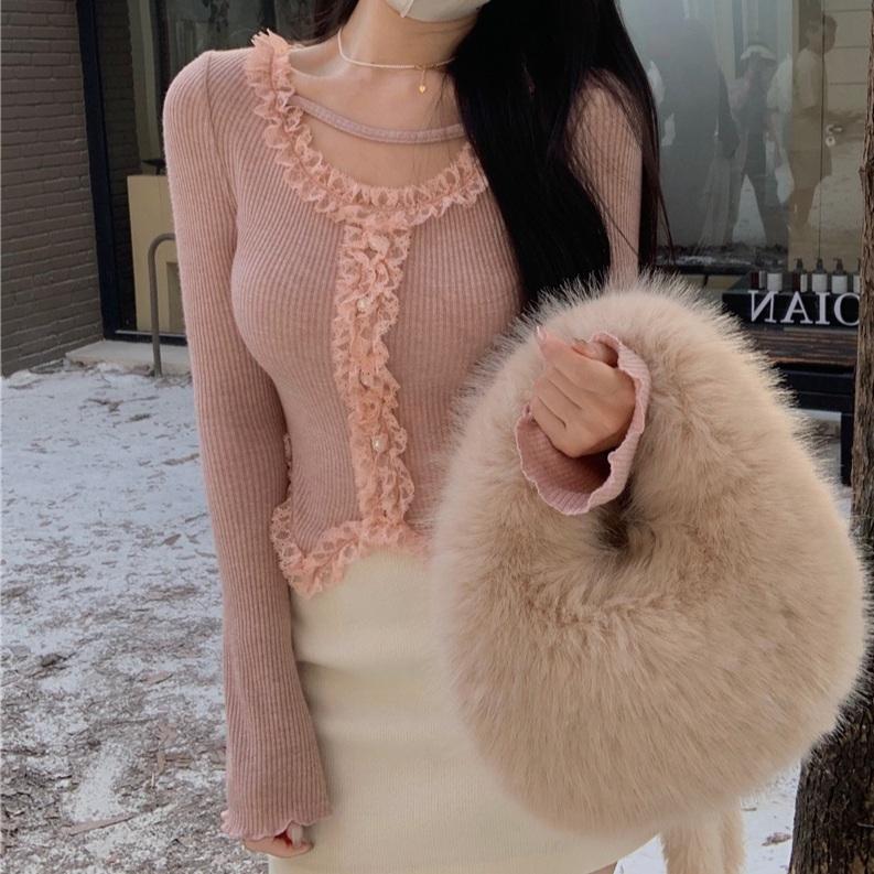 여성용 스퀘어넥 긴팔 레이스 탑 명품스타일 데이트룩 - 상품 이미지