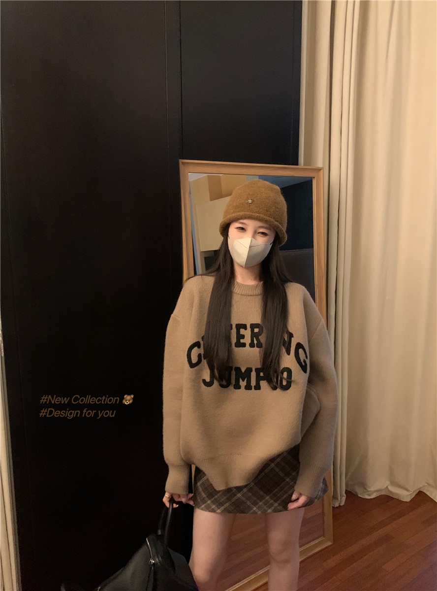 라운드넥 긴팔 루즈핏 스웨터 체크 스커트 세트 여성 레터링 - 상세 이미지 2