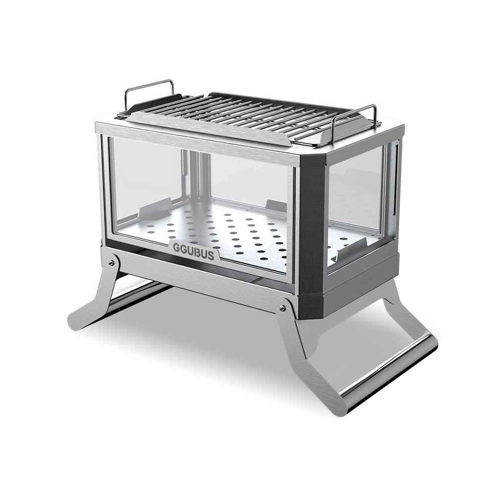 꾸버스 서라운드뷰 화로대 캠핑 불멍 접이식 스테인리스 4면 유리 야외 화로 바베큐그릴