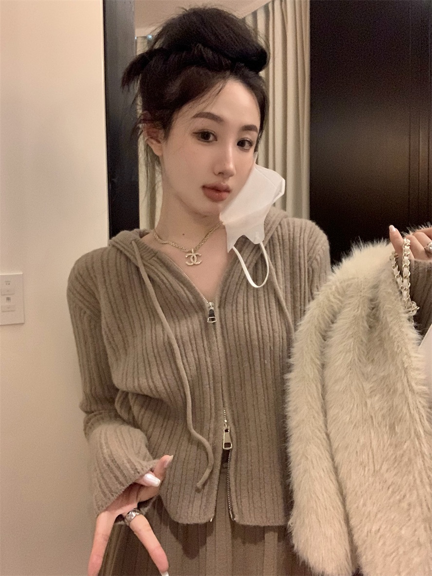 여성 긴팔 탑 후드 플리츠 스커트 퍼 재킷 수입투피스 하이퀄리티 - 상세 이미지 3