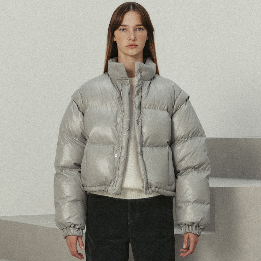 detachable vegan puffer jacket (light khaki) - 상품 이미지