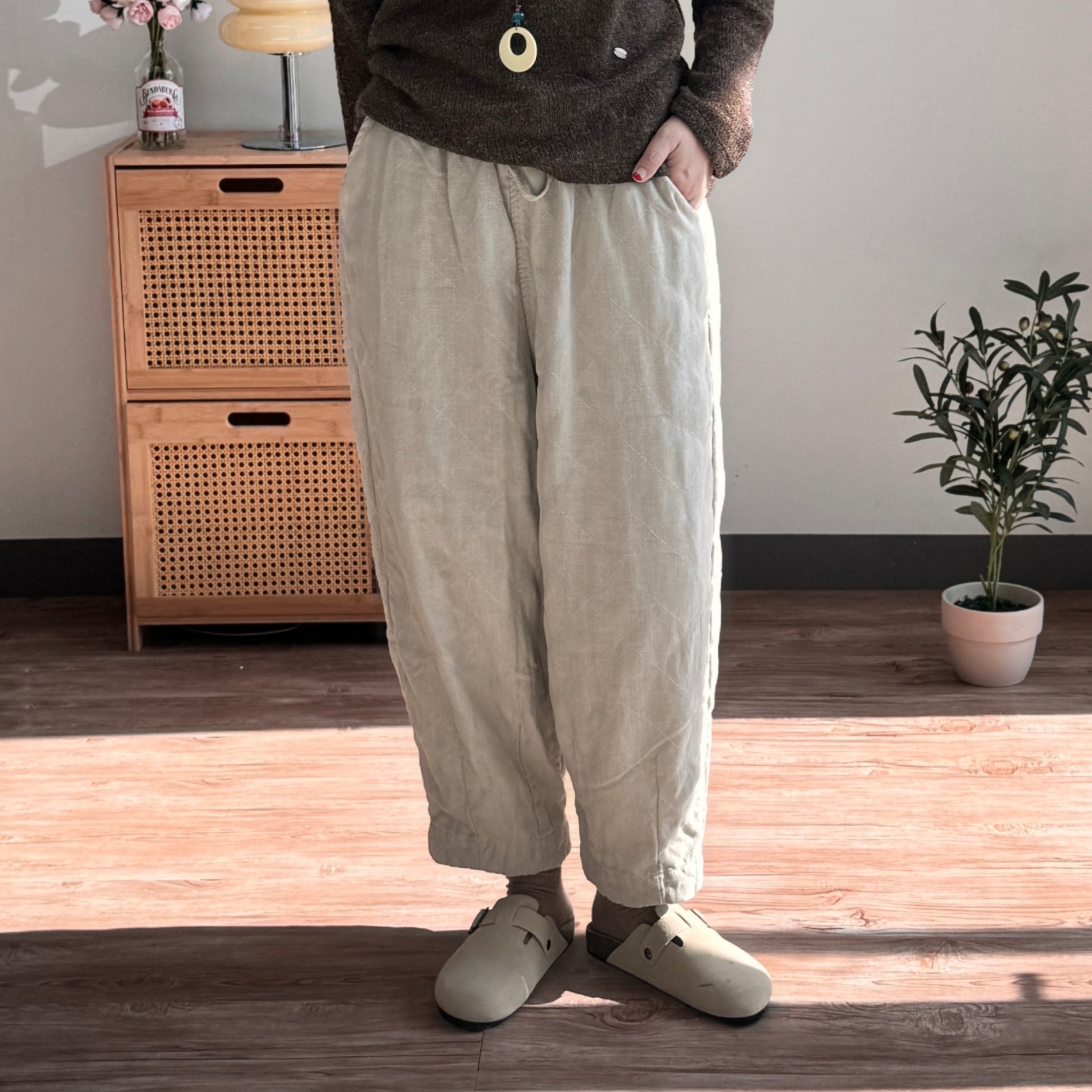 겨울린넨바지 면안감 본딩 배기팬츠 엄마옷 퀼팅 솜바지 9256 - 상세 이미지 2