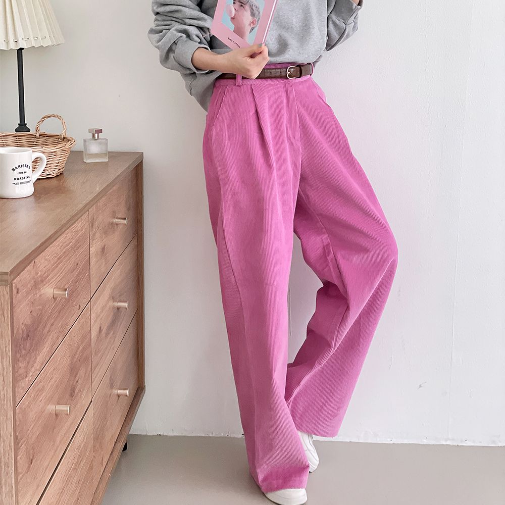 여성 핑크골덴바지 핀턱 코듀로이 와이드 팬츠 겨울바지 - 상세 이미지 4