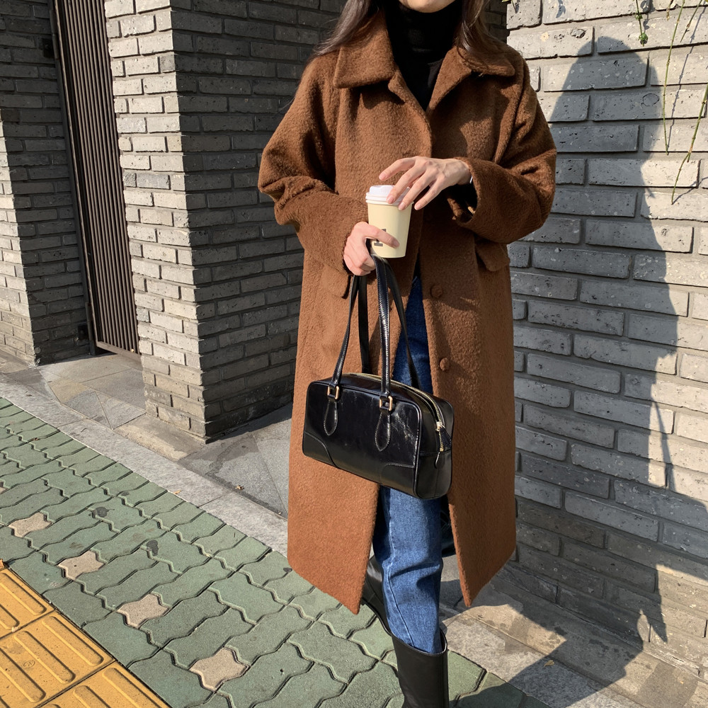 오버핏 싱글 부클 테디베어 울코트 여자 롱코트 시어링 여성 겨울코트 무스탕 브라운 블랙