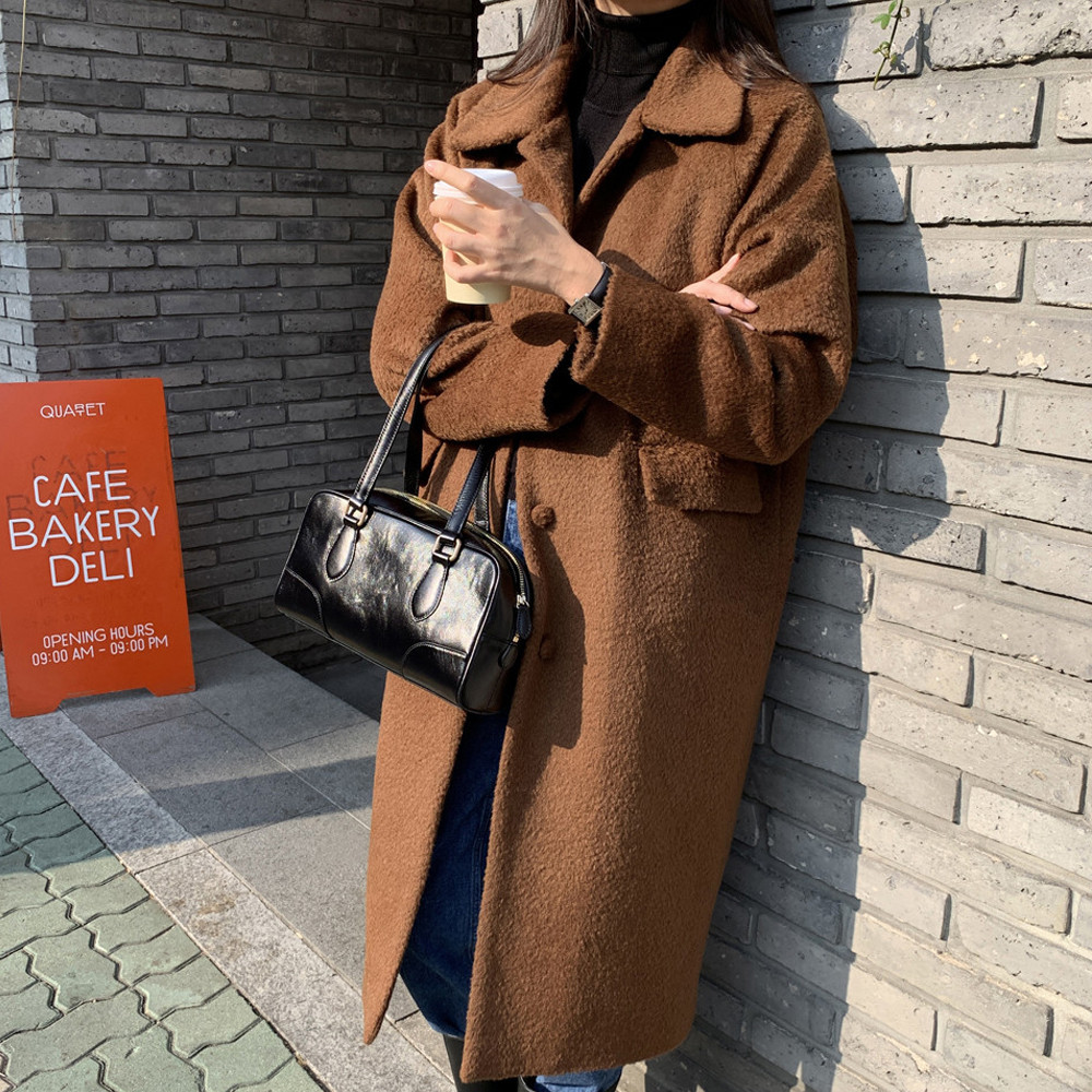 오버핏 싱글 부클 테디베어 울코트 여자 롱코트 시어링 여성 겨울코트 무스탕 브라운 블랙 - 상세 이미지 4