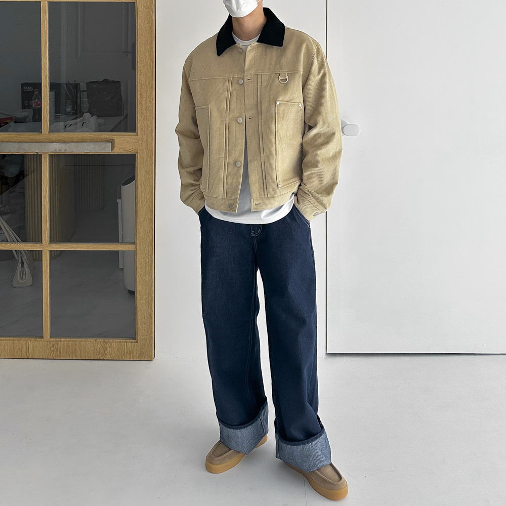 남자 오버핏 골덴 코듀로이 배색 크롭 워크 자켓 2color - 상세 이미지 4