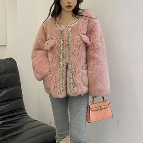 핸드메이드 양모 핑크 하프 테디베어코트 트위드 오버핏 울 리얼양털 퍼 반코트 러블리해라 이미지 4