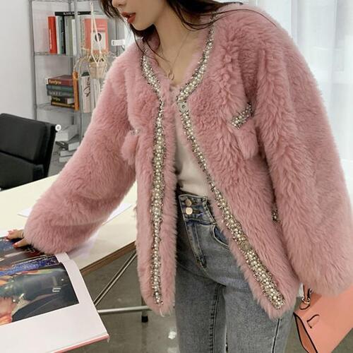 핸드메이드 양모 핑크 하프 테디베어코트 트위드 오버핏 울 리얼양털 퍼 반코트 러블리해라 이미지 3