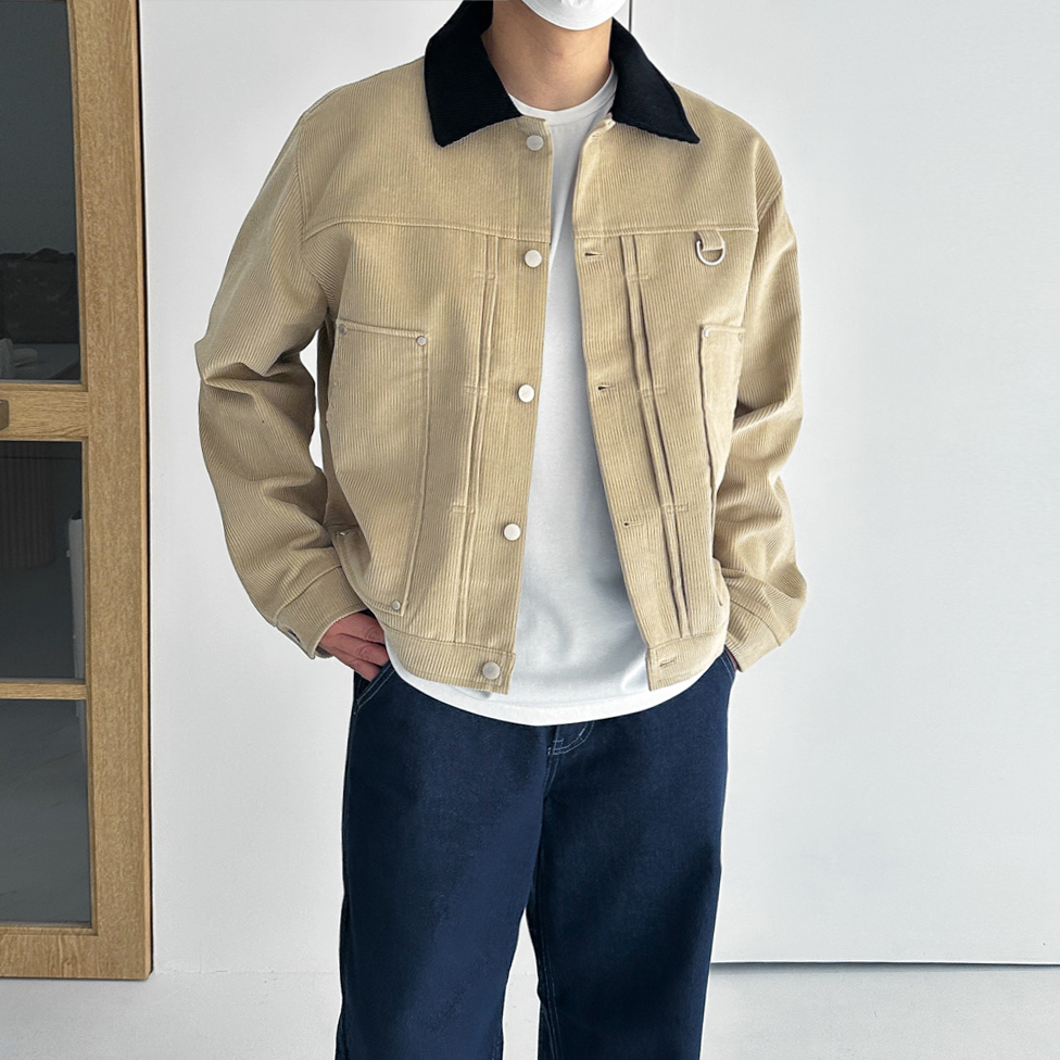 남자 오버핏 골덴 코듀로이 배색 크롭 워크 자켓 2color - 상품 이미지