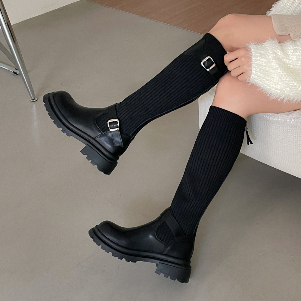 소울리 둥근코 천연 소가죽 니트 롱부츠 캐주얼 키높이 청키 부츠 5cm 통굽 이미지 6