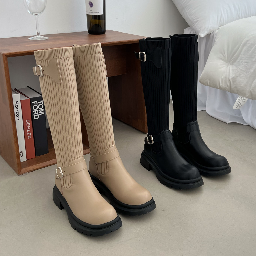 소울리 둥근코 천연 소가죽 니트 롱부츠 캐주얼 키높이 청키 부츠 5cm 통굽 - 상품 이미지