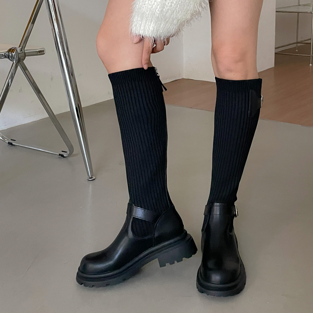 소울리 둥근코 천연 소가죽 니트 롱부츠 캐주얼 키높이 청키 부츠 5cm 통굽 - 상세 이미지 3