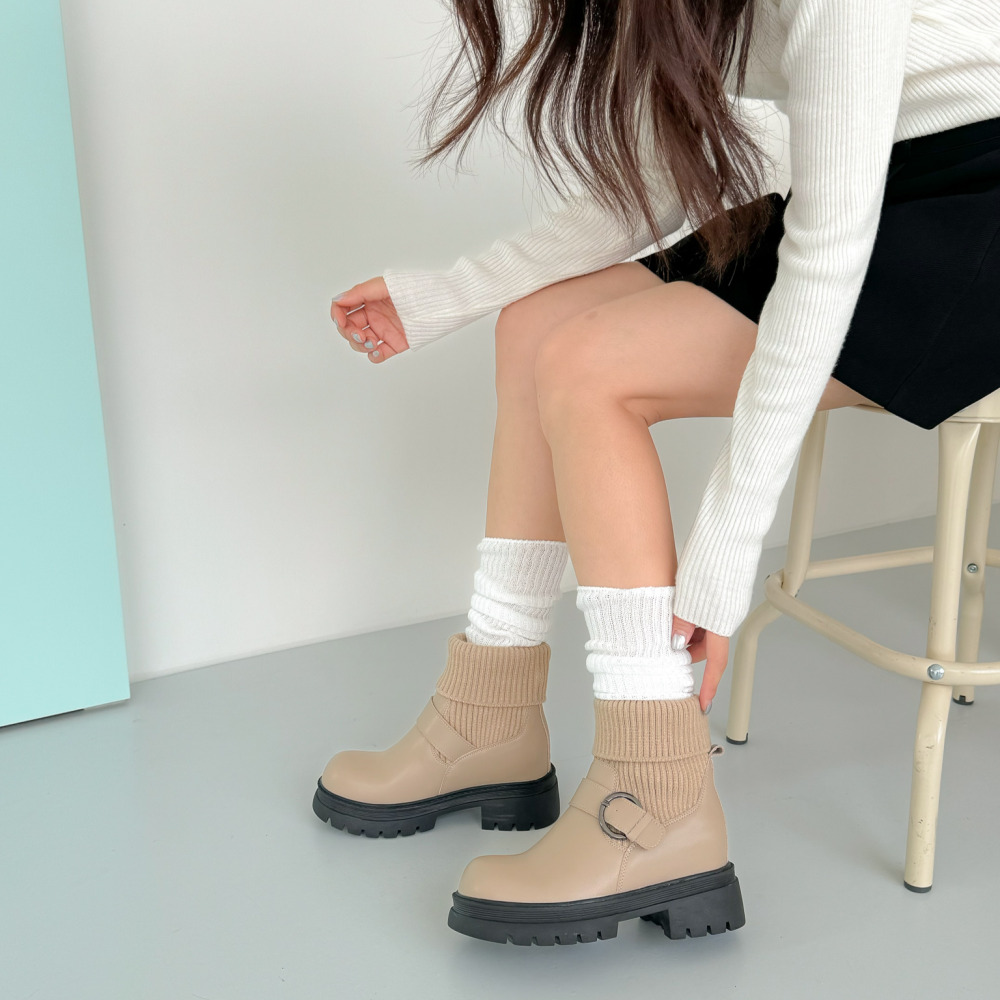 소울리 둥근코 천연 소가죽 니트 앵클부츠 키높이 청키 앵글 숏 부츠 5cm 굽 - 상세 이미지 3