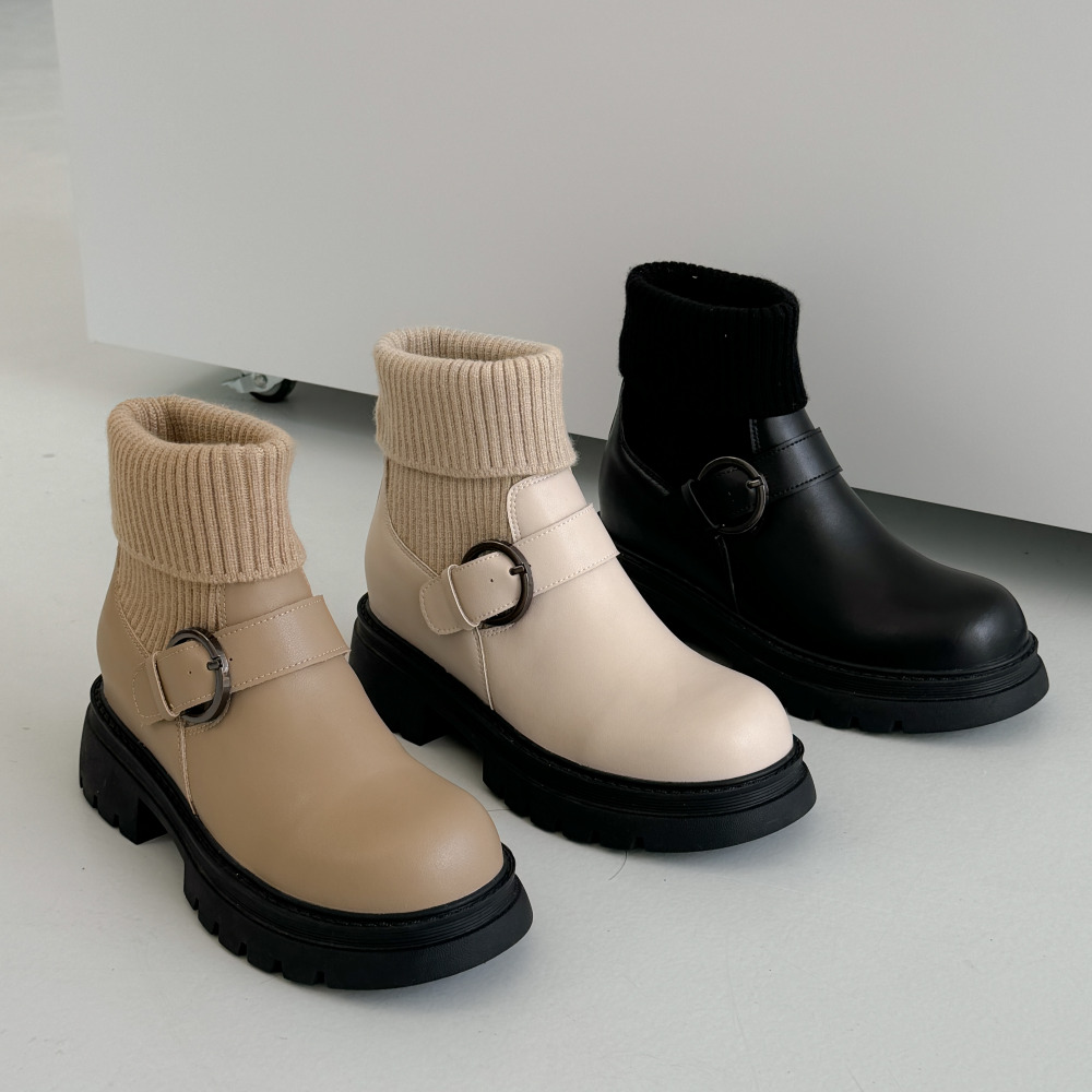 소울리 둥근코 천연 소가죽 니트 앵클부츠 키높이 청키 앵글 숏 부츠 5cm 굽 - 상품 이미지