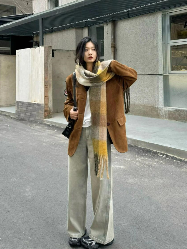 여성 스웨이드 자켓 브라운 가을 블레이저 정장자켓 베이직 빈티지 고퀄리티 - 상세 이미지 4