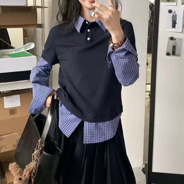 네이비 가짜투피스 체크셔츠 반팔레이어드 드뮤어룩 패션 코디 성수동 무드 디자인 - 상품 이미지