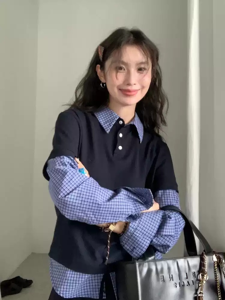 네이비 가짜투피스 체크셔츠 반팔레이어드 드뮤어룩 패션 코디 성수동 무드 디자인 - 상세 이미지 2