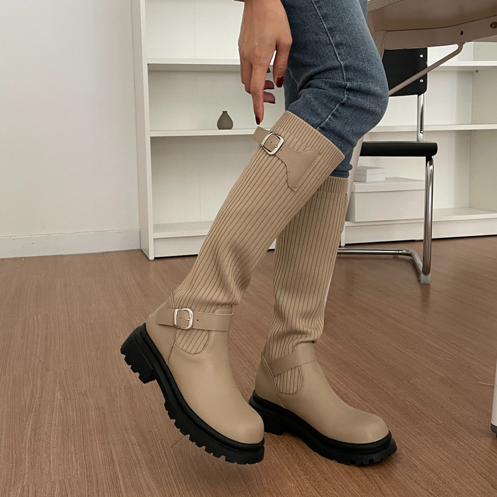 소울리 둥근코 천연 소가죽 니트 롱부츠 캐주얼 키높이 청키 부츠 5cm 통굽 이미지 7
