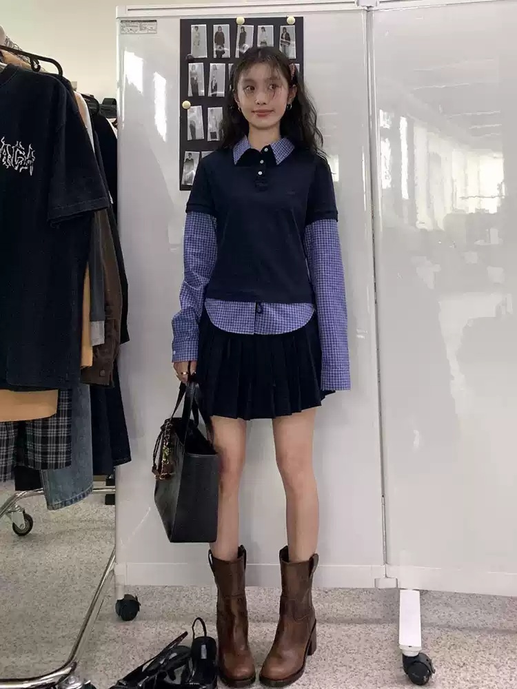네이비 가짜투피스 체크셔츠 반팔레이어드 드뮤어룩 패션 코디 성수동 무드 디자인 - 상세 이미지 5