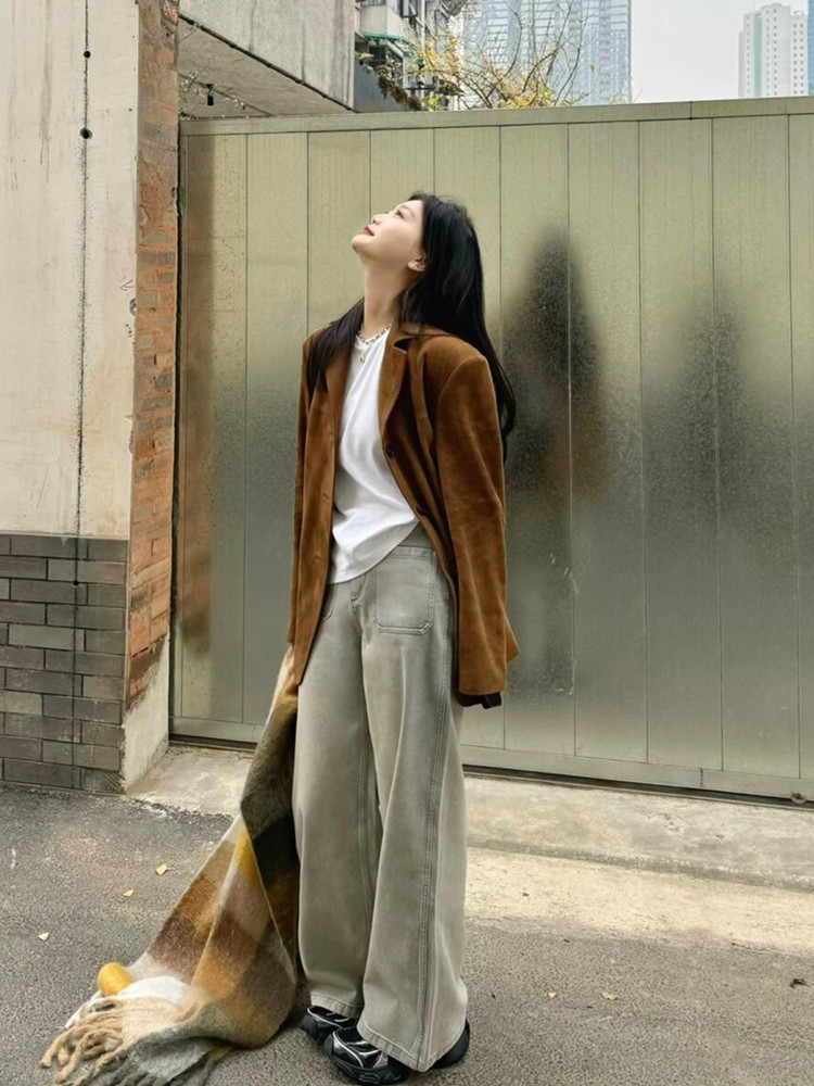 여성 스웨이드 자켓 브라운 가을 블레이저 정장자켓 베이직 빈티지 고퀄리티 - 상세 이미지 3