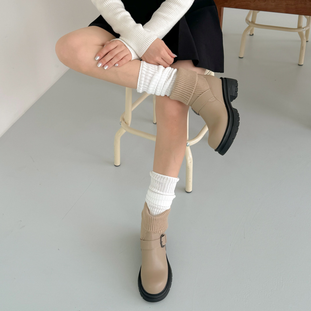 소울리 둥근코 천연 소가죽 니트 앵클부츠 키높이 청키 앵글 숏 부츠 5cm 굽 이미지 6
