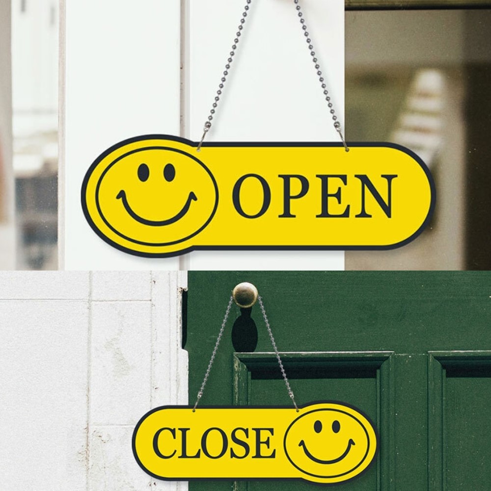 스마일 OPEN CLOSE 팻말 양면 오픈 클로즈 앞면 뒷면 안내 표지판 - 메인 이미지
