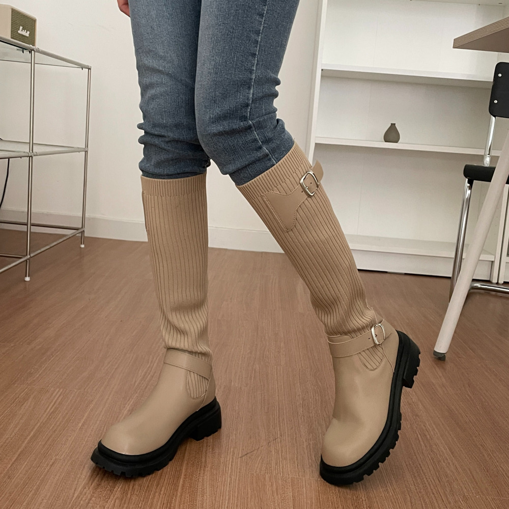 소울리 둥근코 천연 소가죽 니트 롱부츠 캐주얼 키높이 청키 부츠 5cm 통굽 - 상세 이미지 2