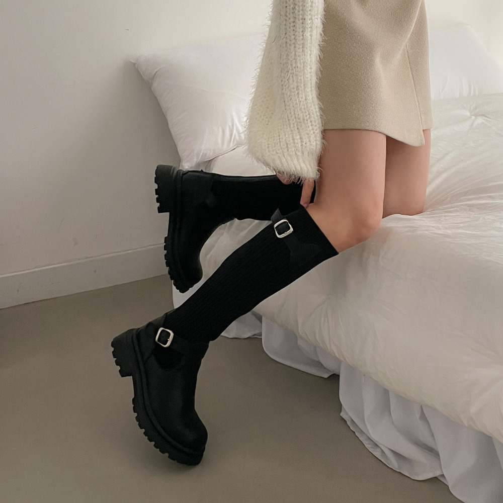 소울리 둥근코 천연 소가죽 니트 롱부츠 캐주얼 키높이 청키 부츠 5cm 통굽 이미지 8