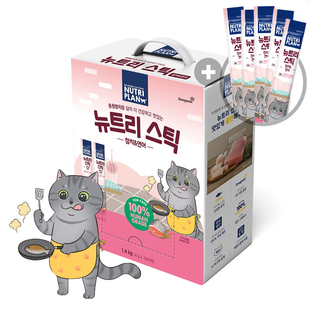 파워도그 동원 뉴트리플랜 고양이 간식 짜먹는 대용량 뉴트리 스틱 참치+연어 14g 100개
