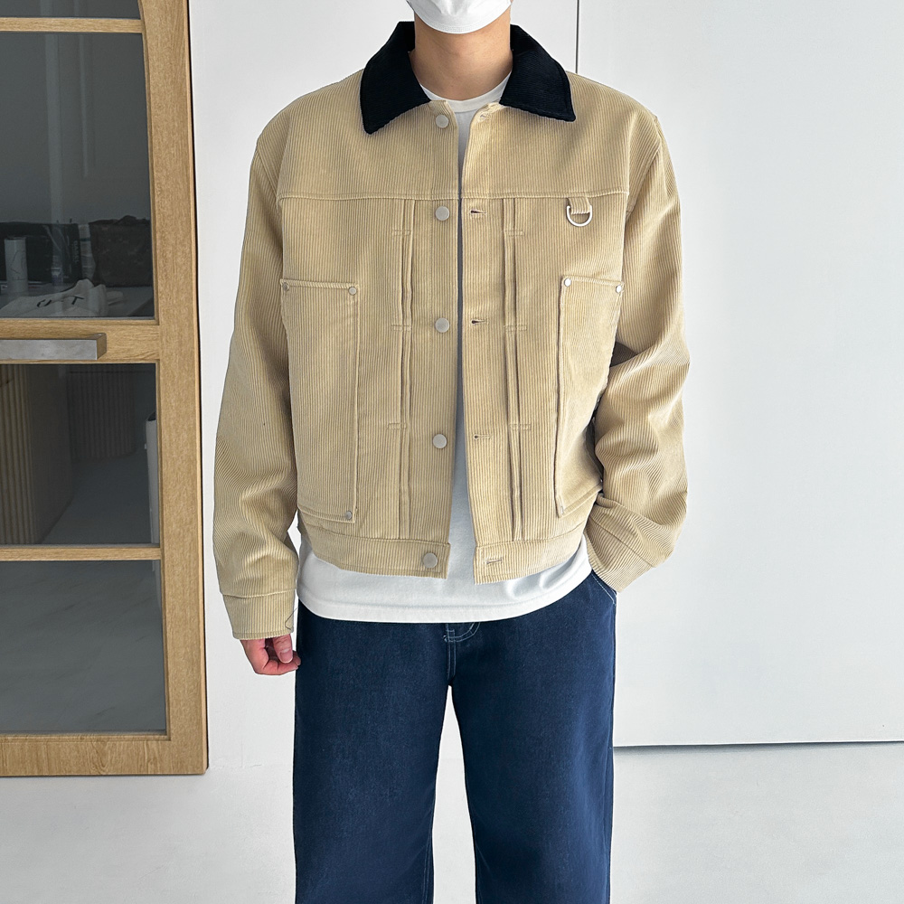 남자 오버핏 골덴 코듀로이 배색 크롭 워크 자켓 2color - 상세 이미지 2