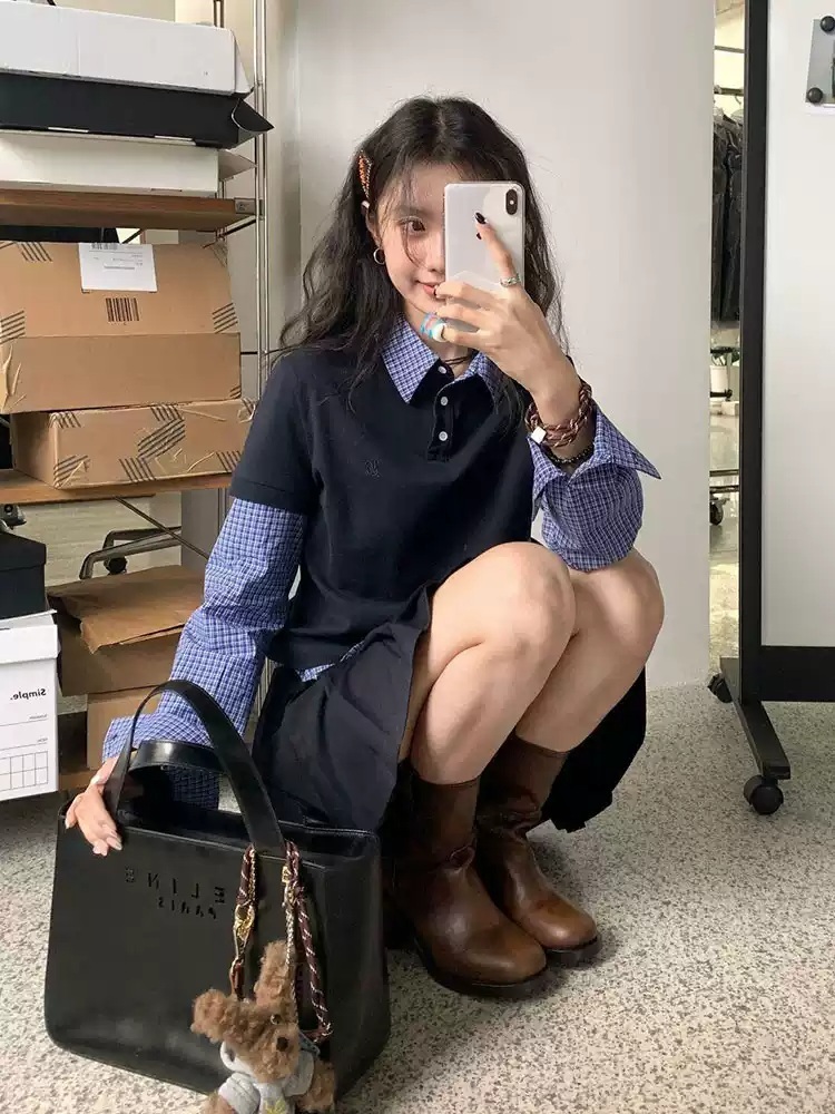 네이비 가짜투피스 체크셔츠 반팔레이어드 드뮤어룩 패션 코디 성수동 무드 디자인 - 상세 이미지 3