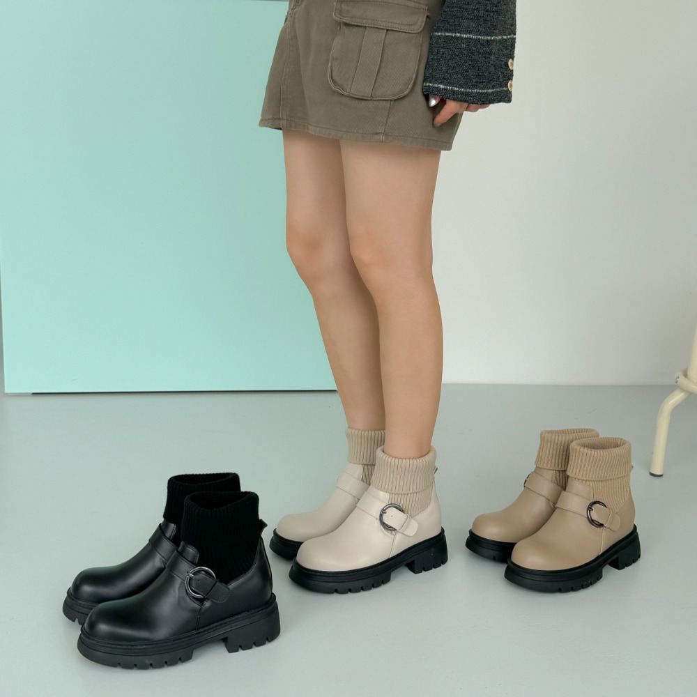 소울리 둥근코 천연 소가죽 니트 앵클부츠 키높이 청키 앵글 숏 부츠 5cm 굽 - 상세 이미지 2