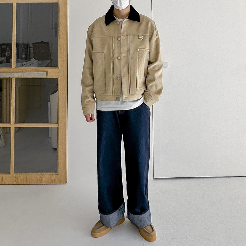 남자 오버핏 골덴 코듀로이 배색 크롭 워크 자켓 2color - 상세 이미지 3