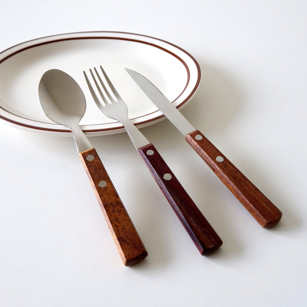 우드 핸들 커트러리 스텐 스푼 포크 나이프 스테이크 디너 카페 디저트 양식기 파스타 수저 이미지 7
