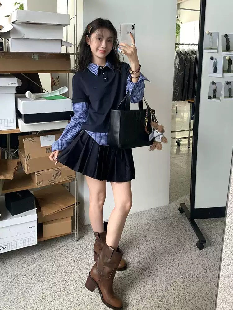 네이비 가짜투피스 체크셔츠 반팔레이어드 드뮤어룩 패션 코디 성수동 무드 디자인 - 상세 이미지 4