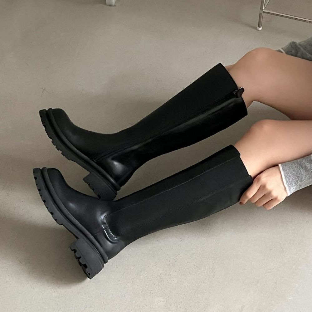 소울리 여성 소가죽 첼시 롱부츠 통굽 키높이 통넓은 하비 부츠 - 상세 이미지 5