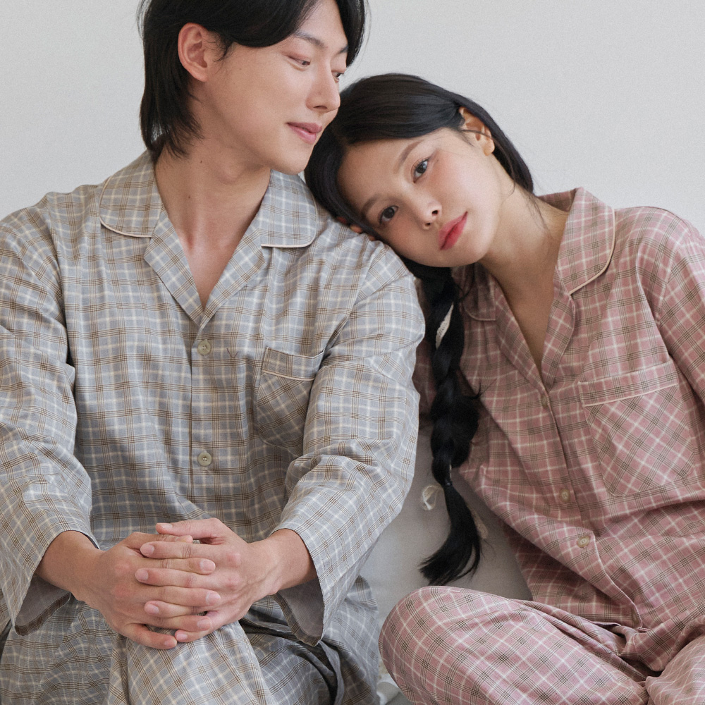신혼잠옷 순면 커플 여성 남성 잠옷 파자마 세트 글렘체크 - 상품 이미지