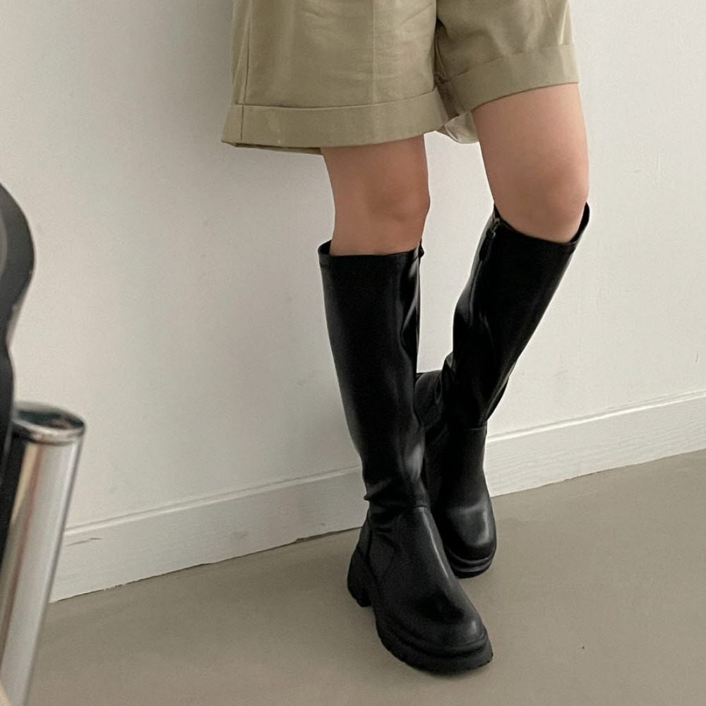 소울리 둥근코 여성 가죽 스판 롱부츠 캐주얼 청키 통굽 키높이 슬림핏 부츠 - 상세 이미지 5