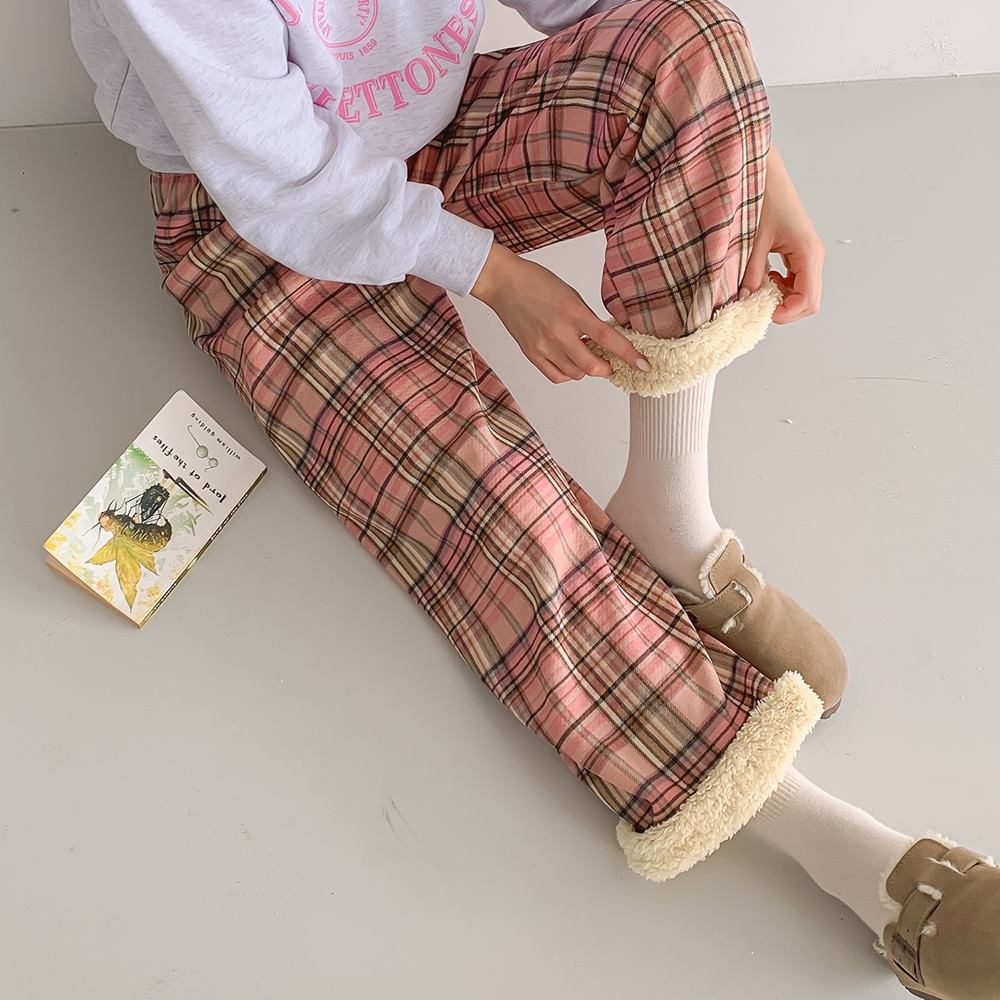 융기모 밴딩 팬츠 바지 털 체크 수면바지 - 상품 이미지