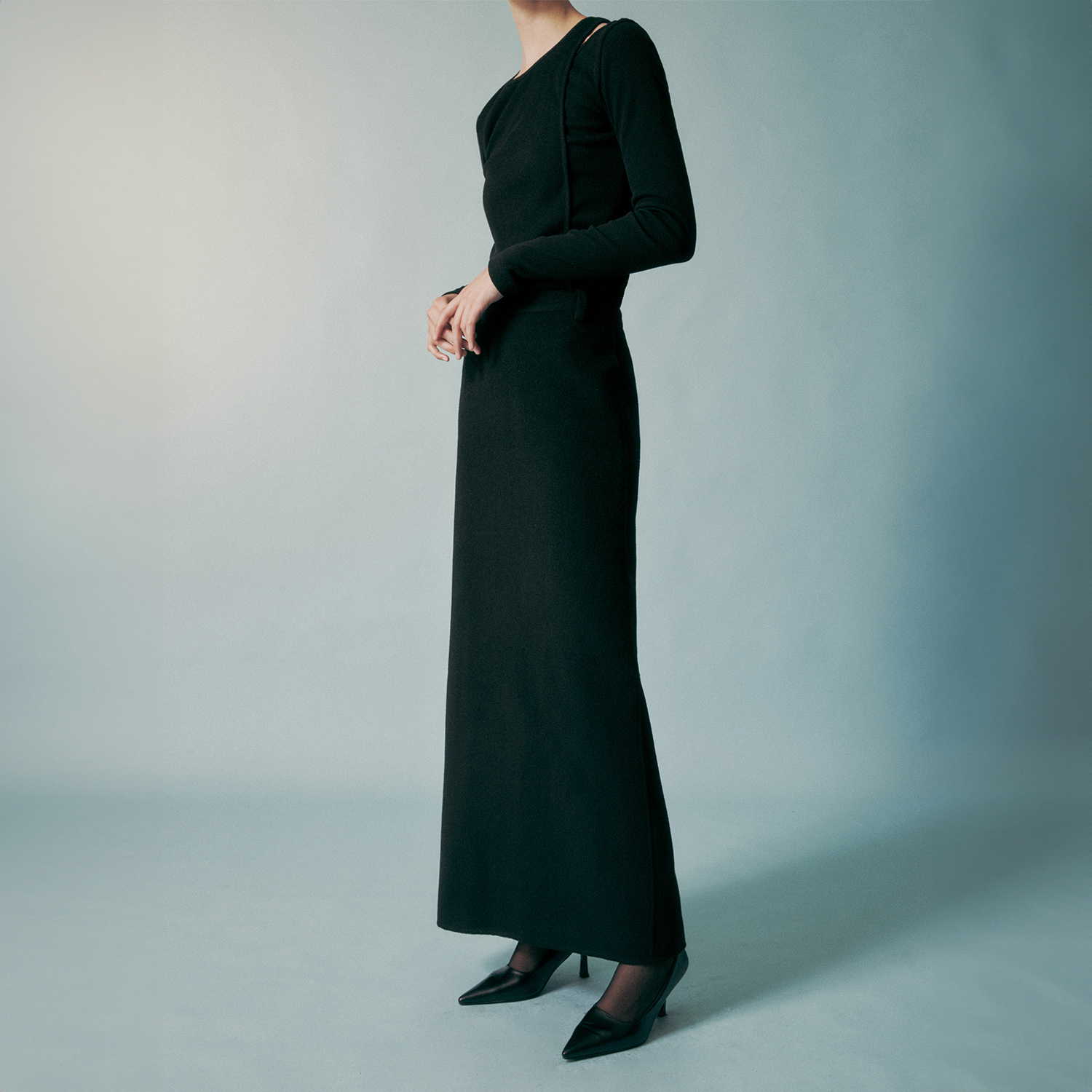 HANDMADE CASHMERE WOOL BLEND MAXI SKIRT BLACK