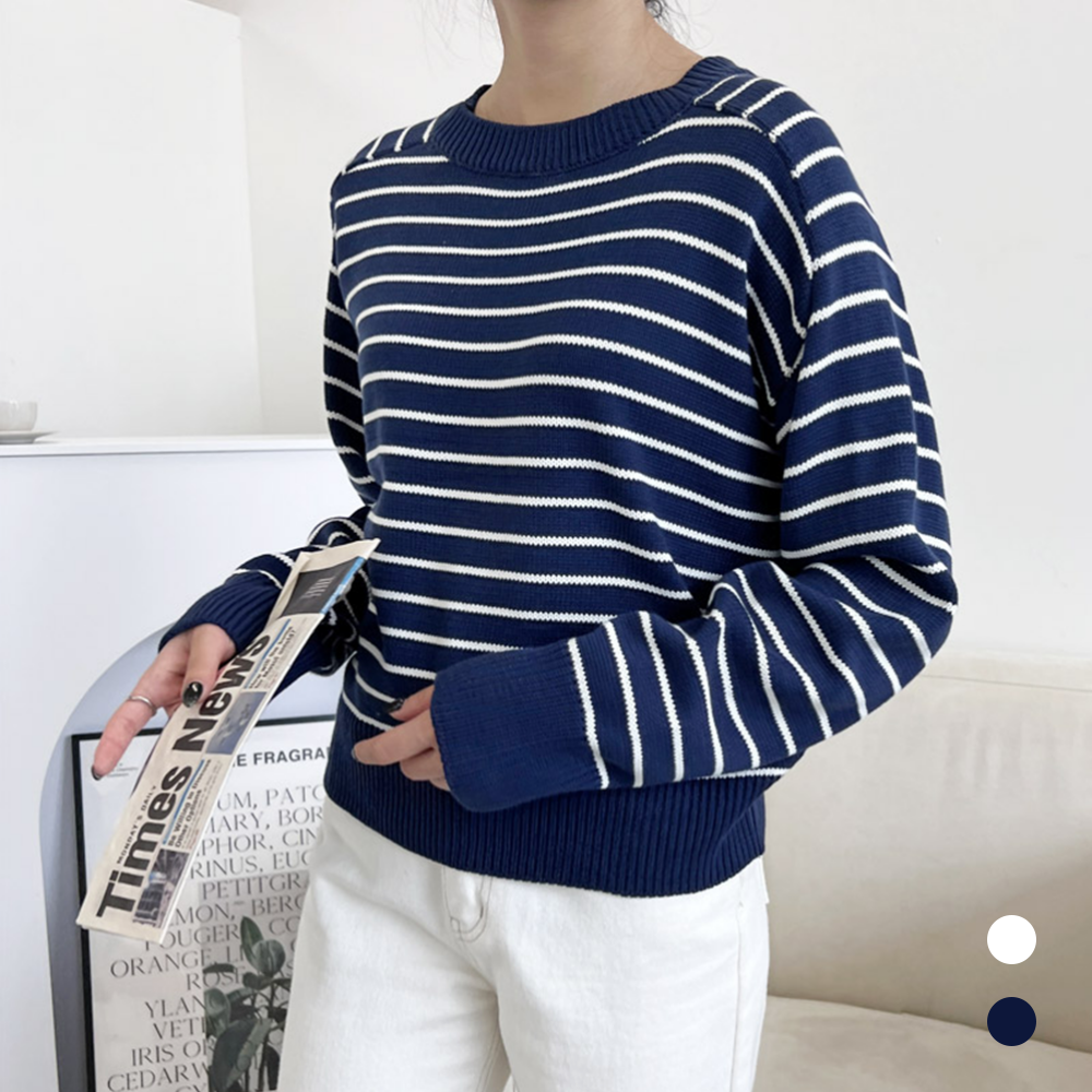 남색니트 단가라 스트라이프 줄무늬 여성 봄 가을 라운드 니트